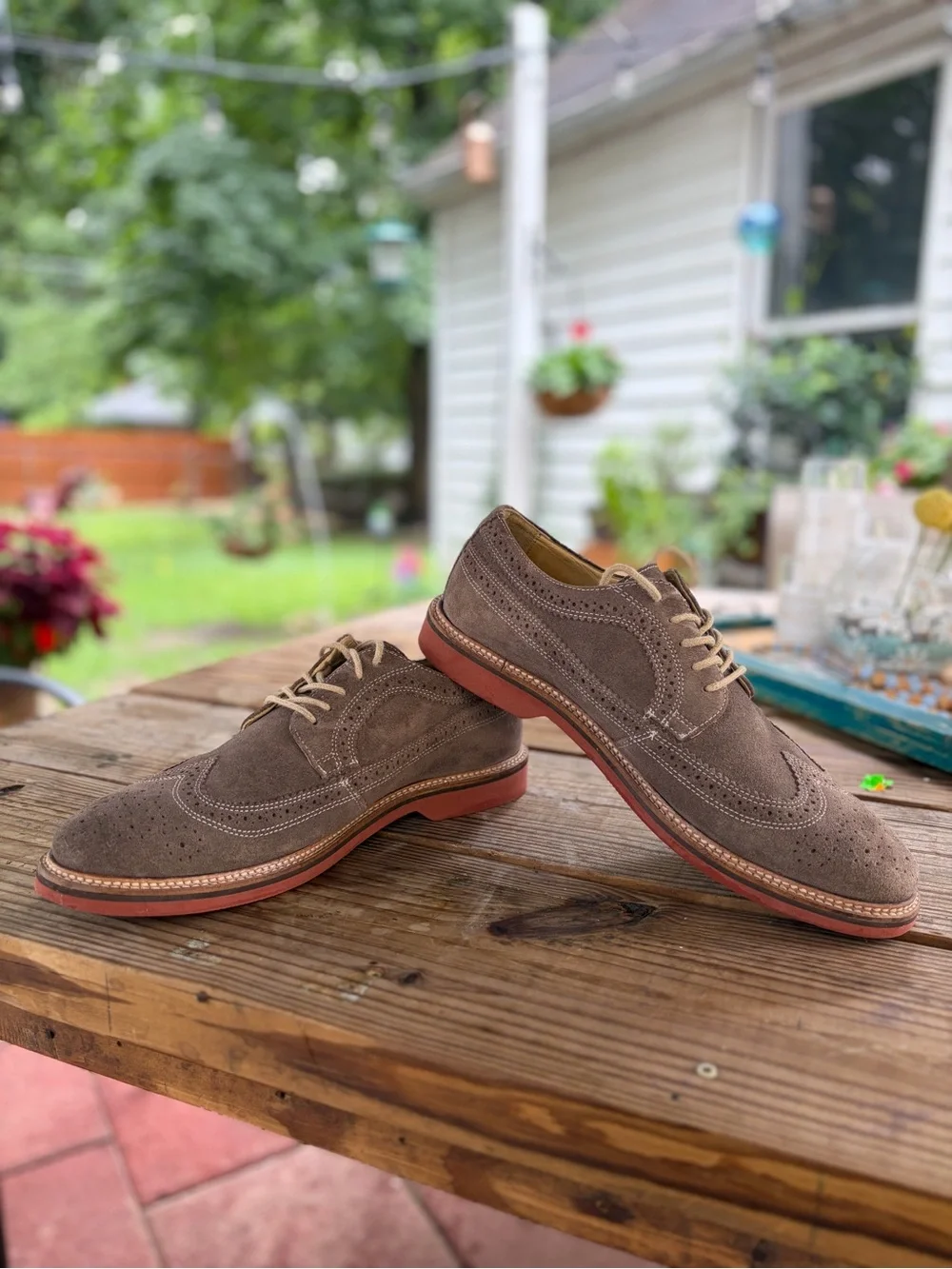 1901 Men's Suede Wingtip Oxfords in Taupe with Contrasting Sole